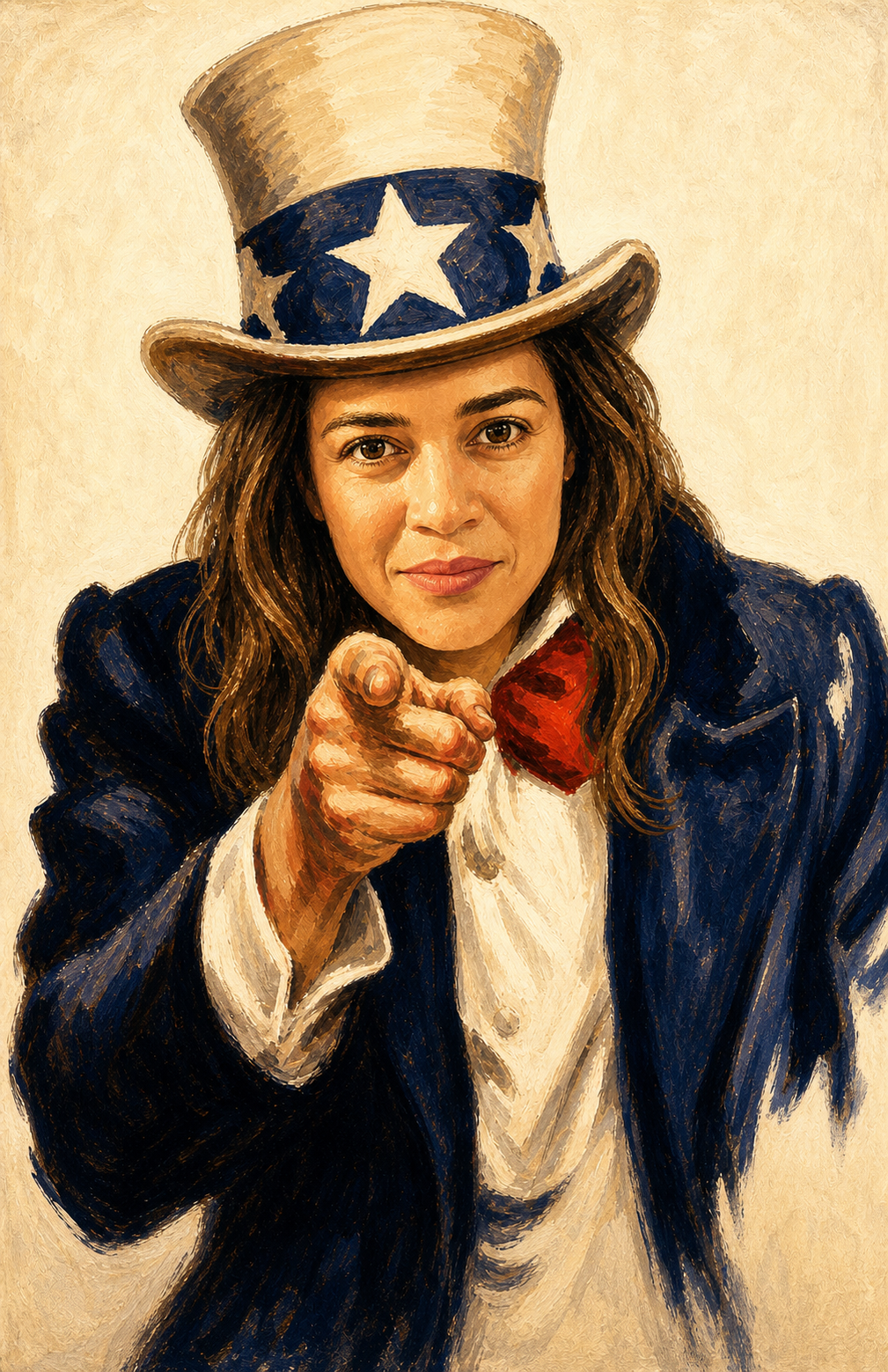 Joanna Santos portrayed in a classic patriotic recruiting poster, pointing toward the viewer