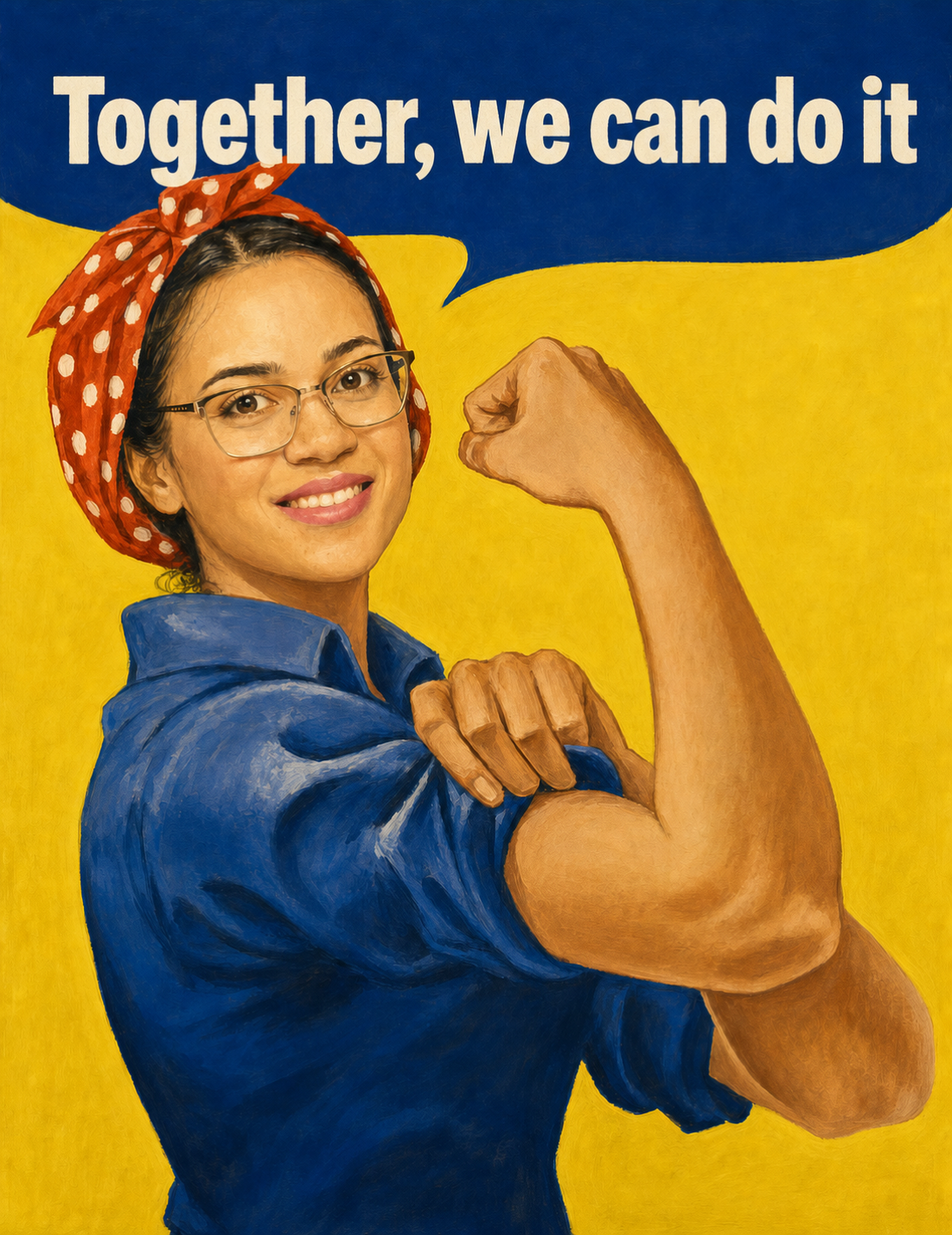 Prof. Joanna Santos in a We Can Do It-inspired illustration with the message Together, we can do it